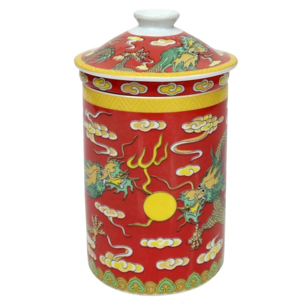 Porcelain Chinese Tea Mug with Infuser and Lid - Red Dragon Pattern