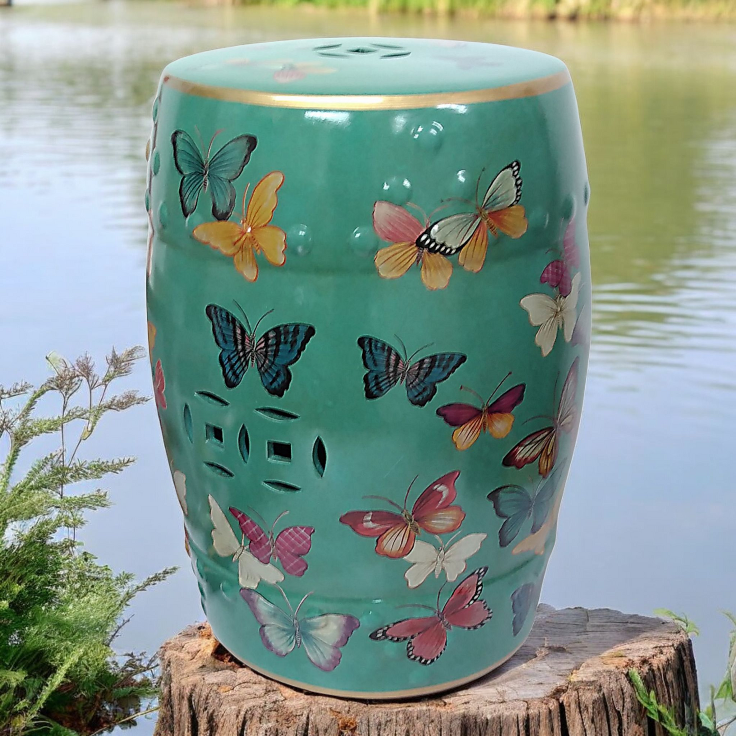 Chinese Ceramic Garden Stool / Plant Stand - Butterflies Pattern