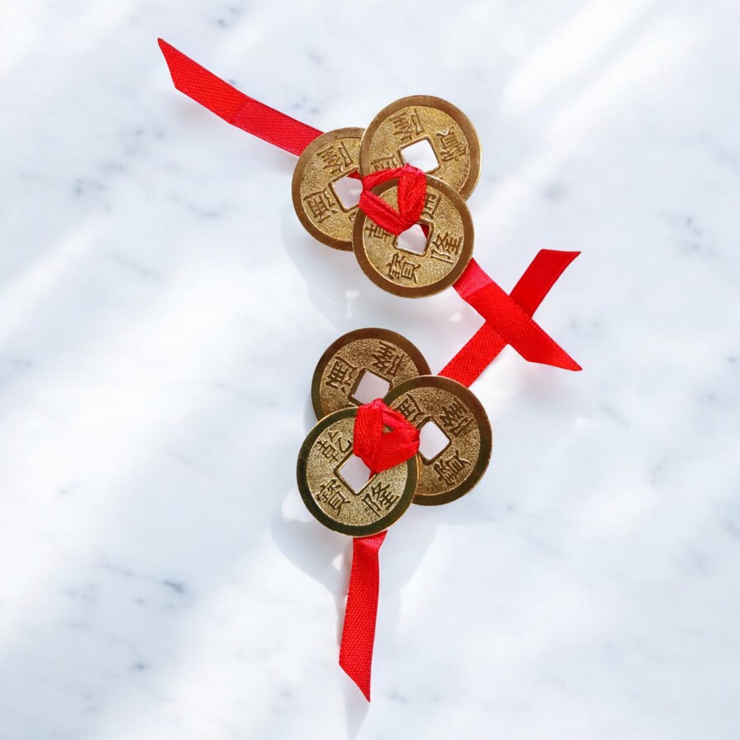 Chinese I Ching Lucky Three Coins on Red Ribbon - 2 Sets - Shiny - Feng Shui