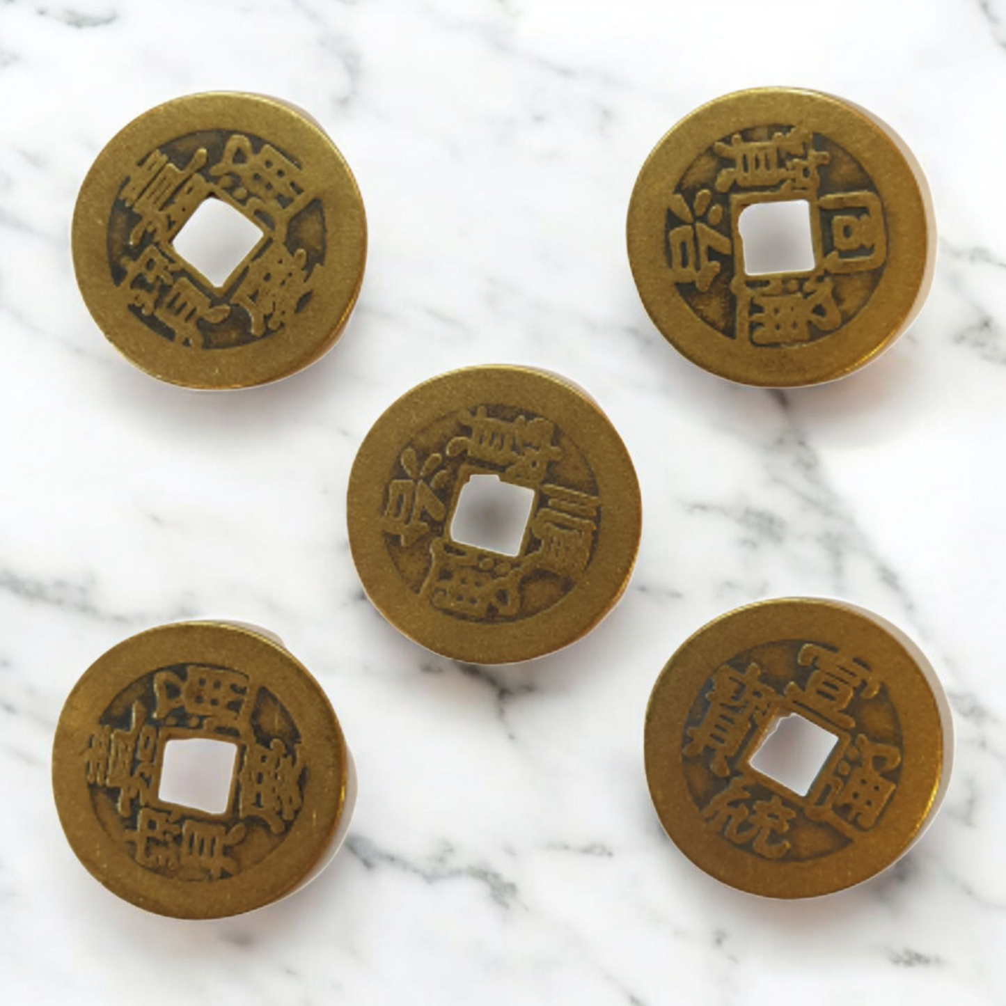 Chinese Lucky Coins - Set of 5 Coins - Old Look Brass - 2.5cm - Feng Shui