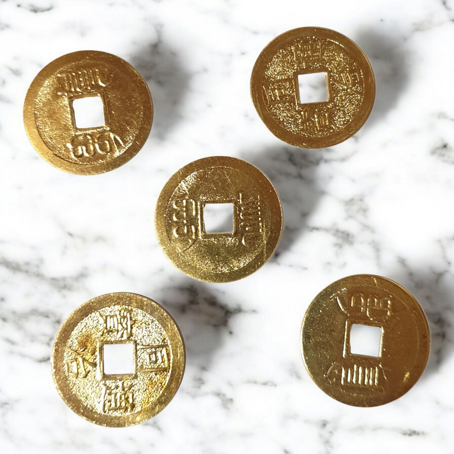 Chinese Lucky Coins - Set of 5 Coins - Shiny Brass - 2.5cm - Feng Shui