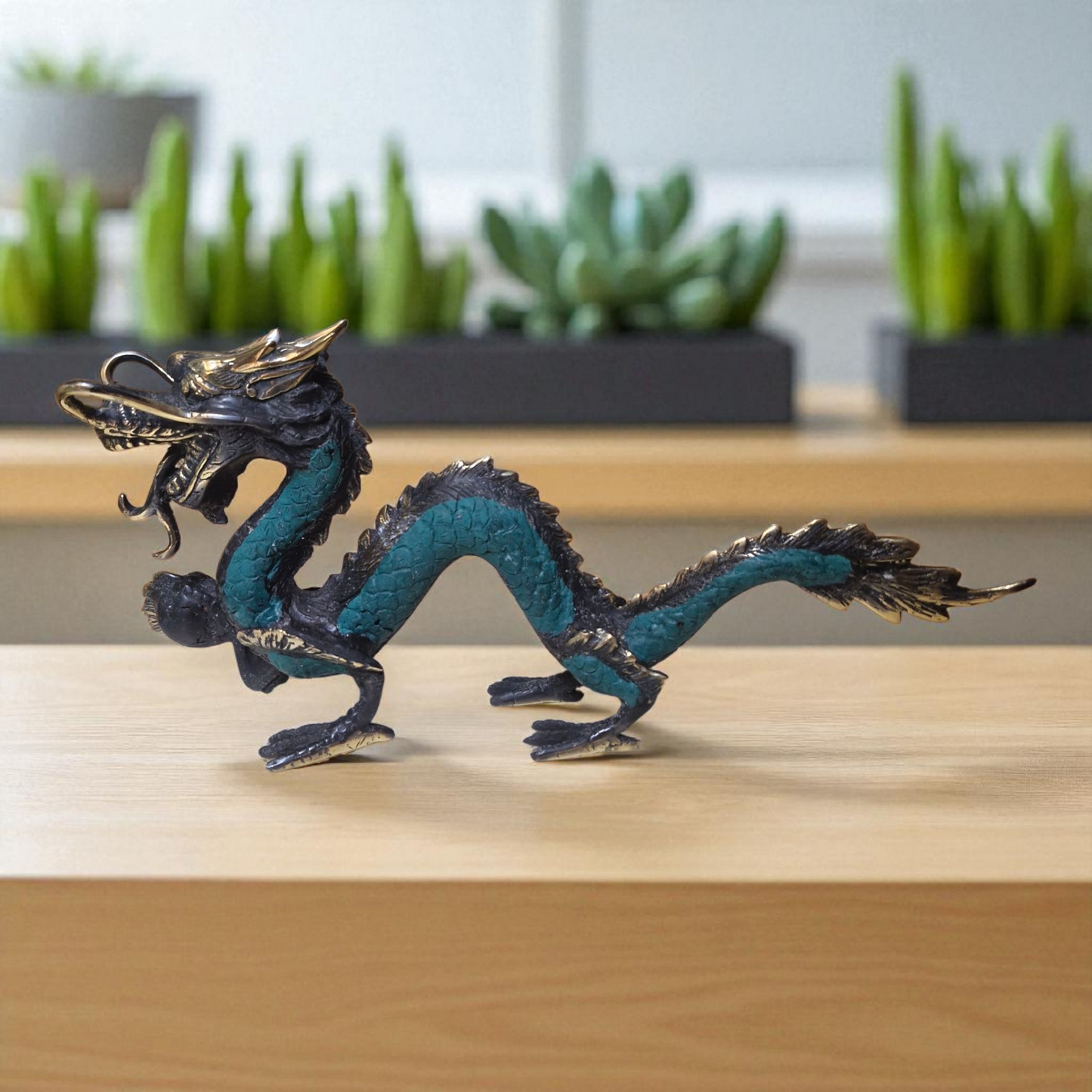 Vintage Style Brass Dragon with Ball - Medium Size 26cm - Feng Shui