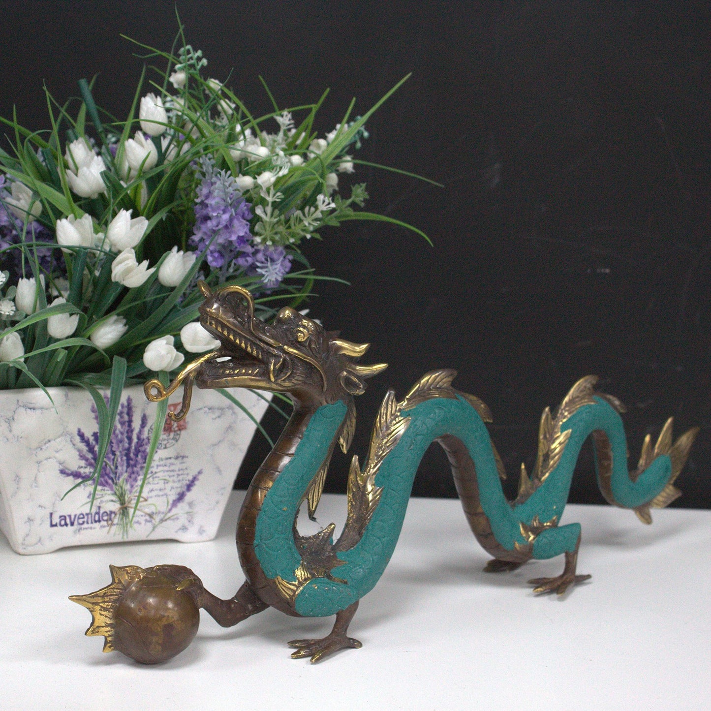 Vintage Style Brass Dragon with Ball - Large Size 45cm - Feng Shui