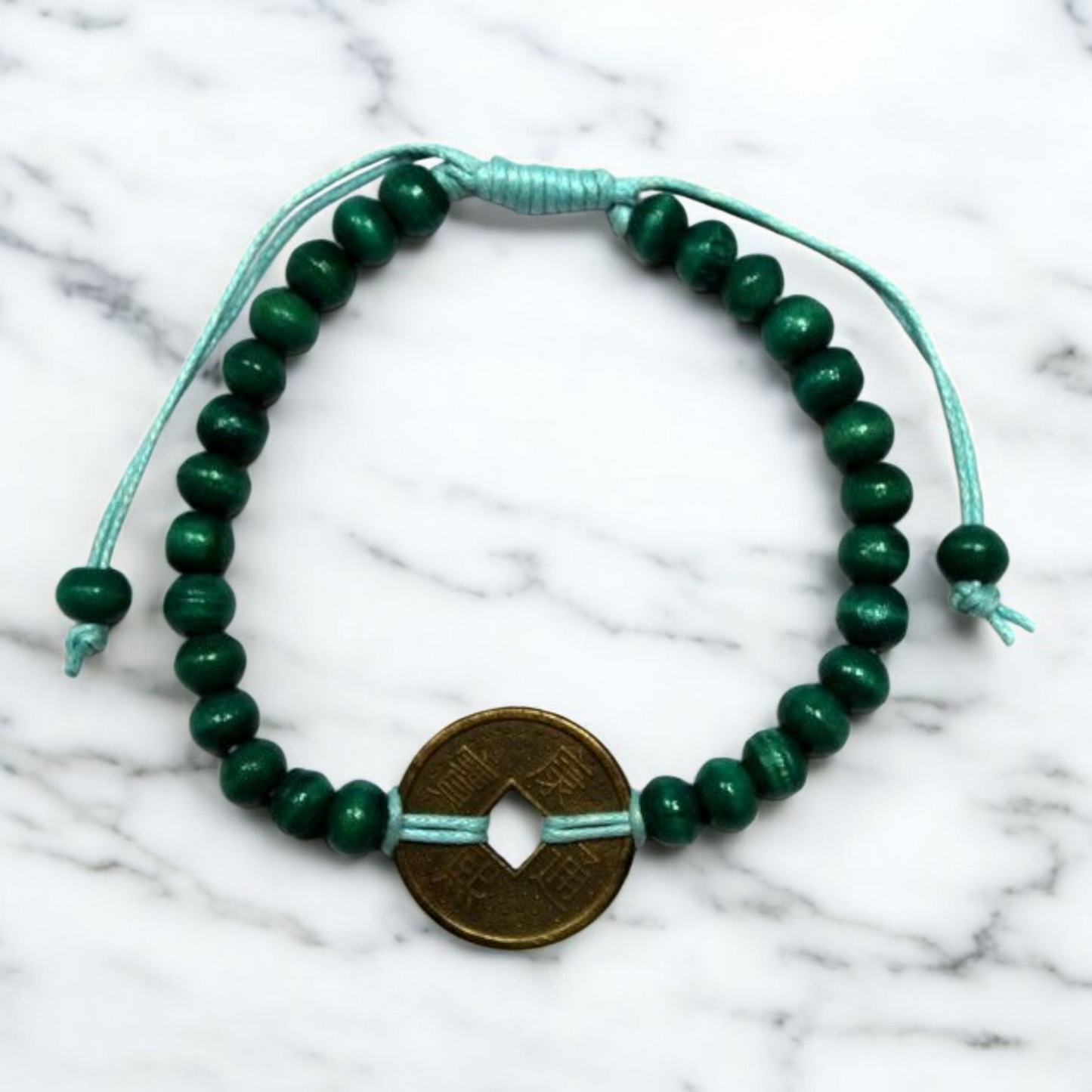 Feng Shui Bracelet - Wooden Beads with Chinese Coin - Turquoise Green