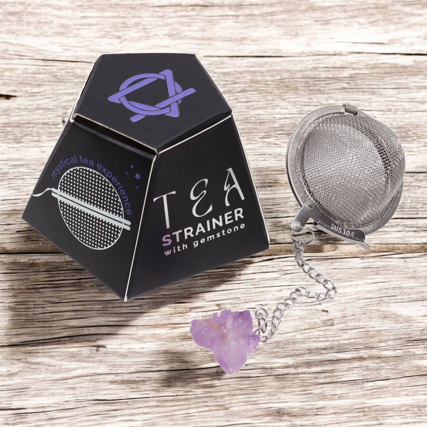 Tea Ball Infuser - 5cm - Stainless Steel with Chain and Amethyst Cluster for Serenity