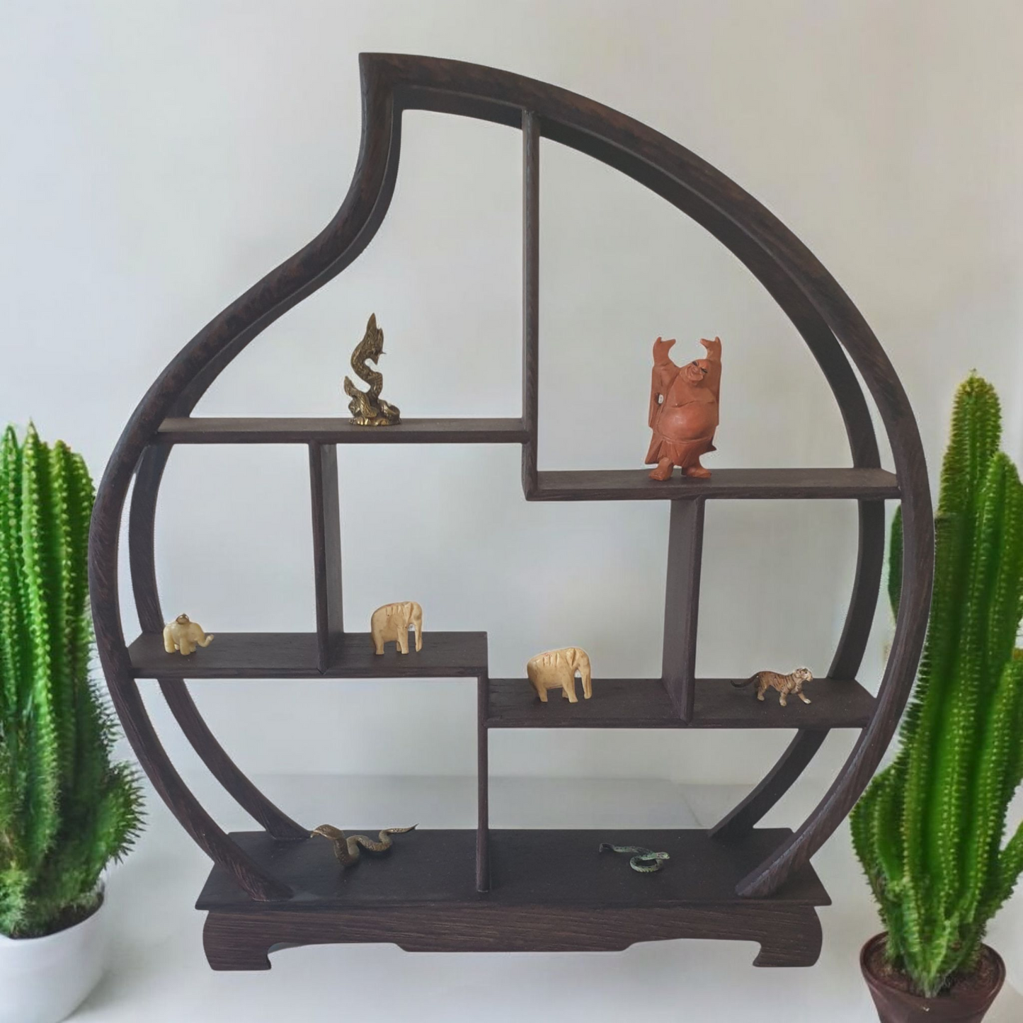 Wooden Curio or Netsuke Display Stand - Dark Grained Wood - Flame Shape - 31cm