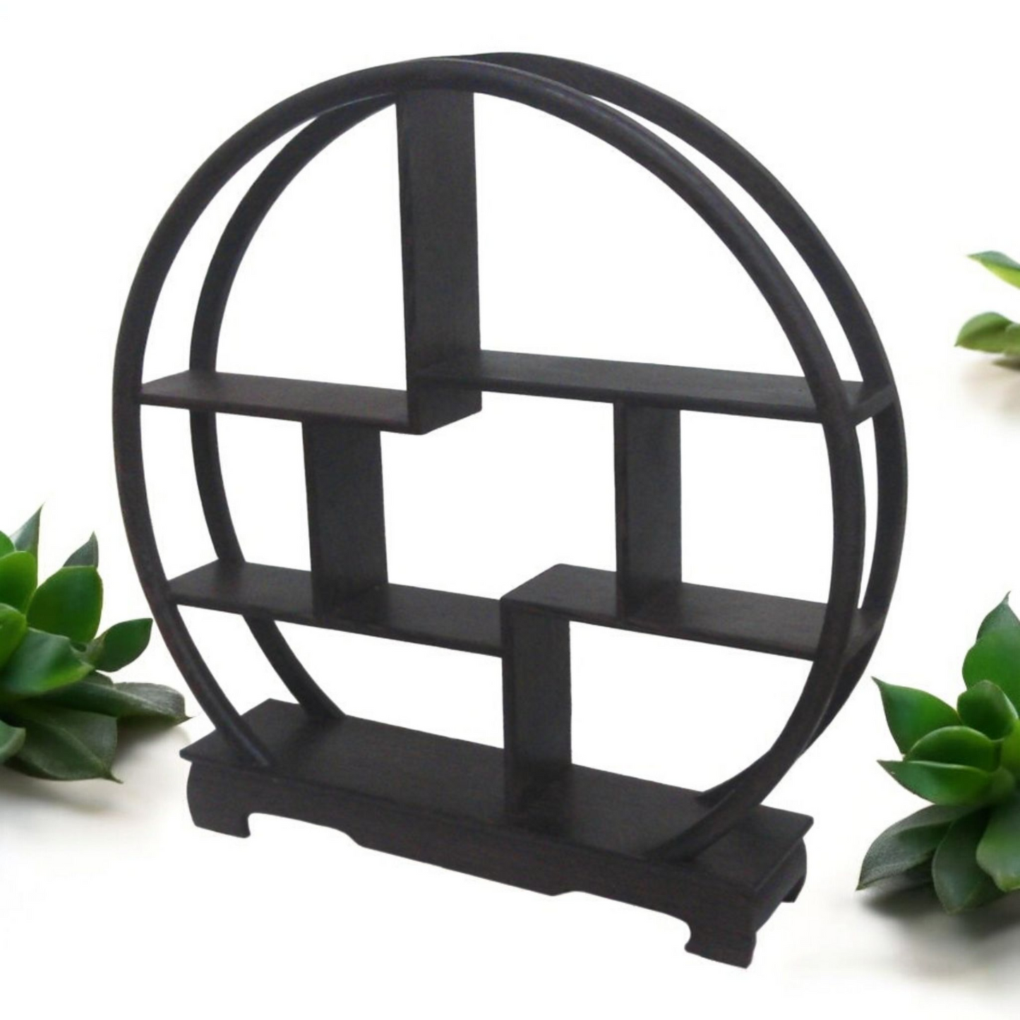 Wooden Curio or Netsuke Display Stand - Dark Grained Wood - Moon Shape - 30cm