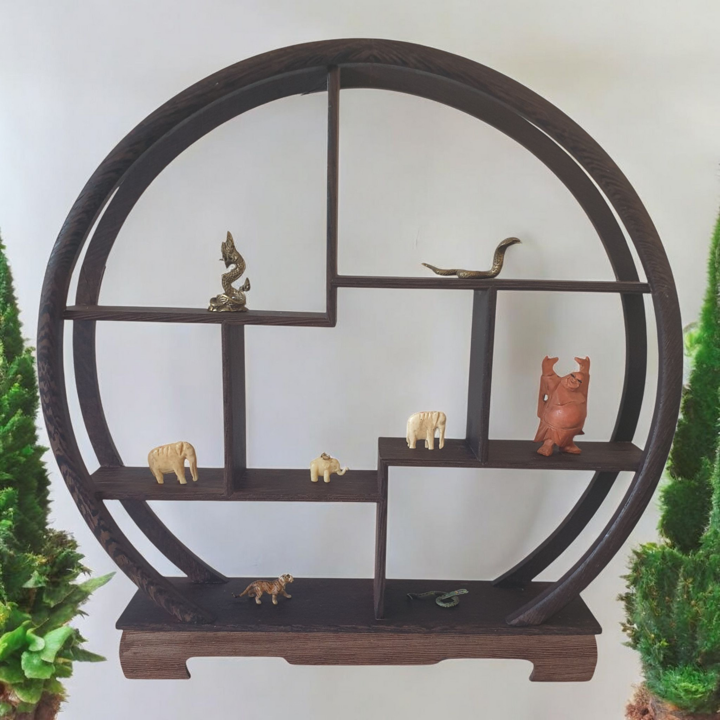 Wooden Curio or Netsuke Display Stand - Dark Grained Wood - Moon Shape - 30cm