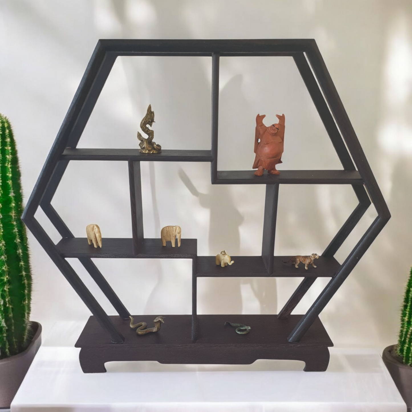 Wooden Curio or Netsuke Display Stand - Dark Grained Wood - Hexagon Shape - 31cm