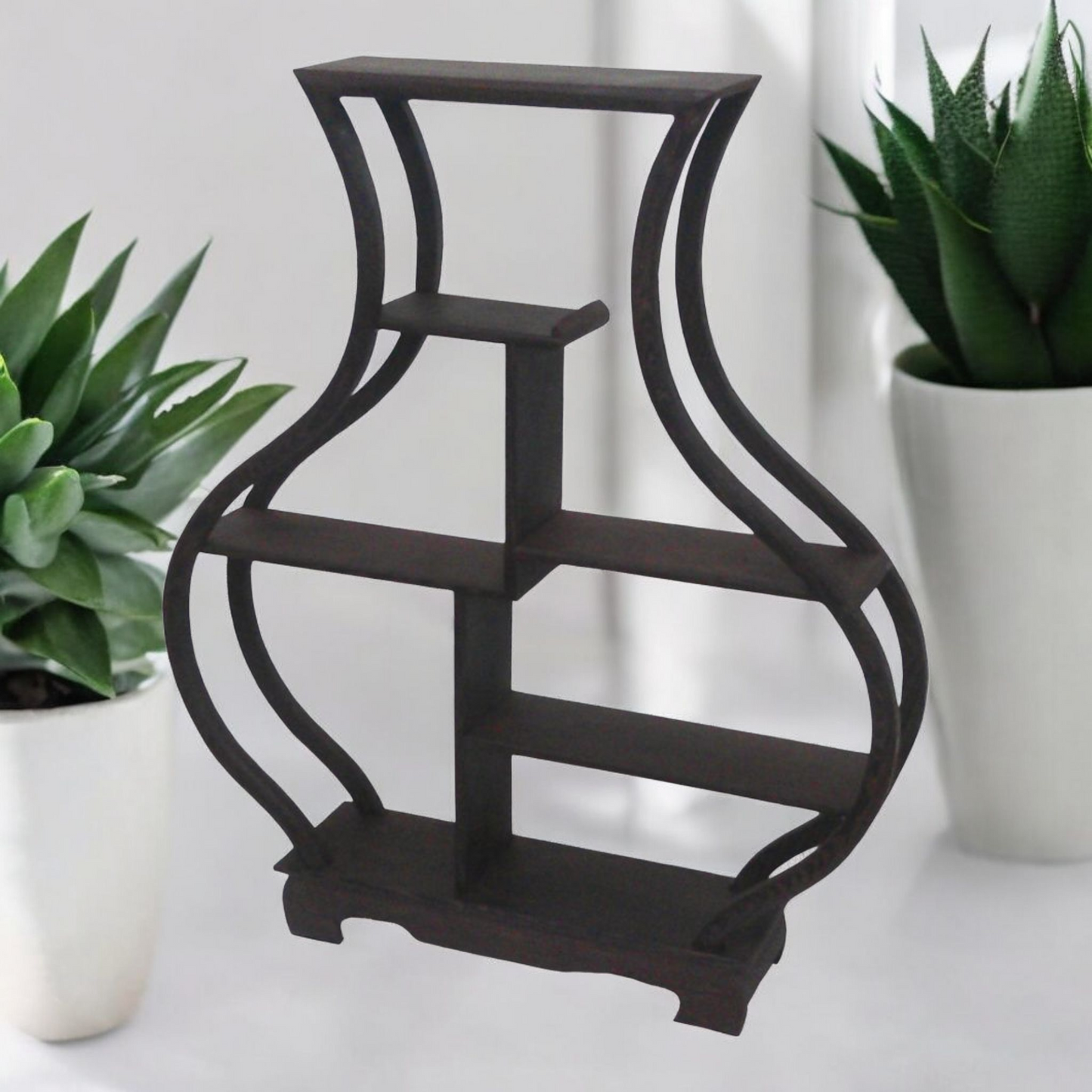 Wooden Curio or Netsuke Display Stand - Dark Grained Wood - Vase Shape - 28cm