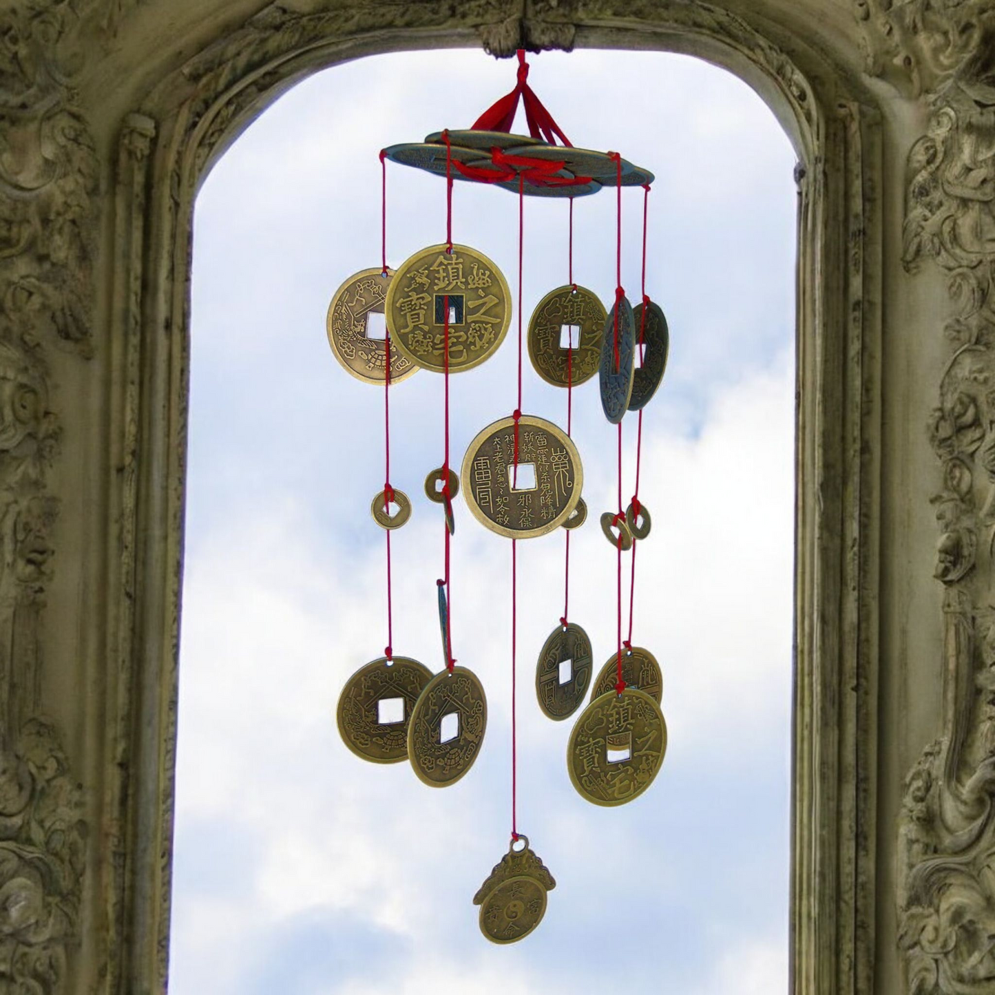 Feng Shui Chinese Lucky Coin Wind Chime - Red Threads 12 cm x 37cm
