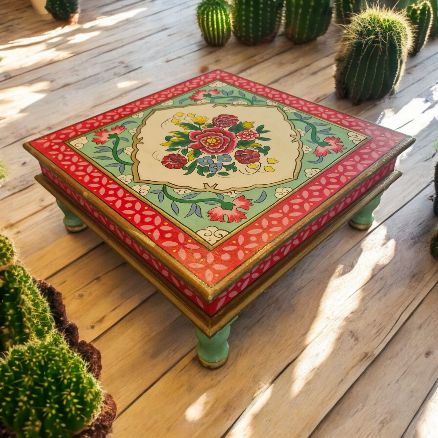 Rikisha Hand Painted Indian Bajot Table - 41cm x 41cm x 16.5cm