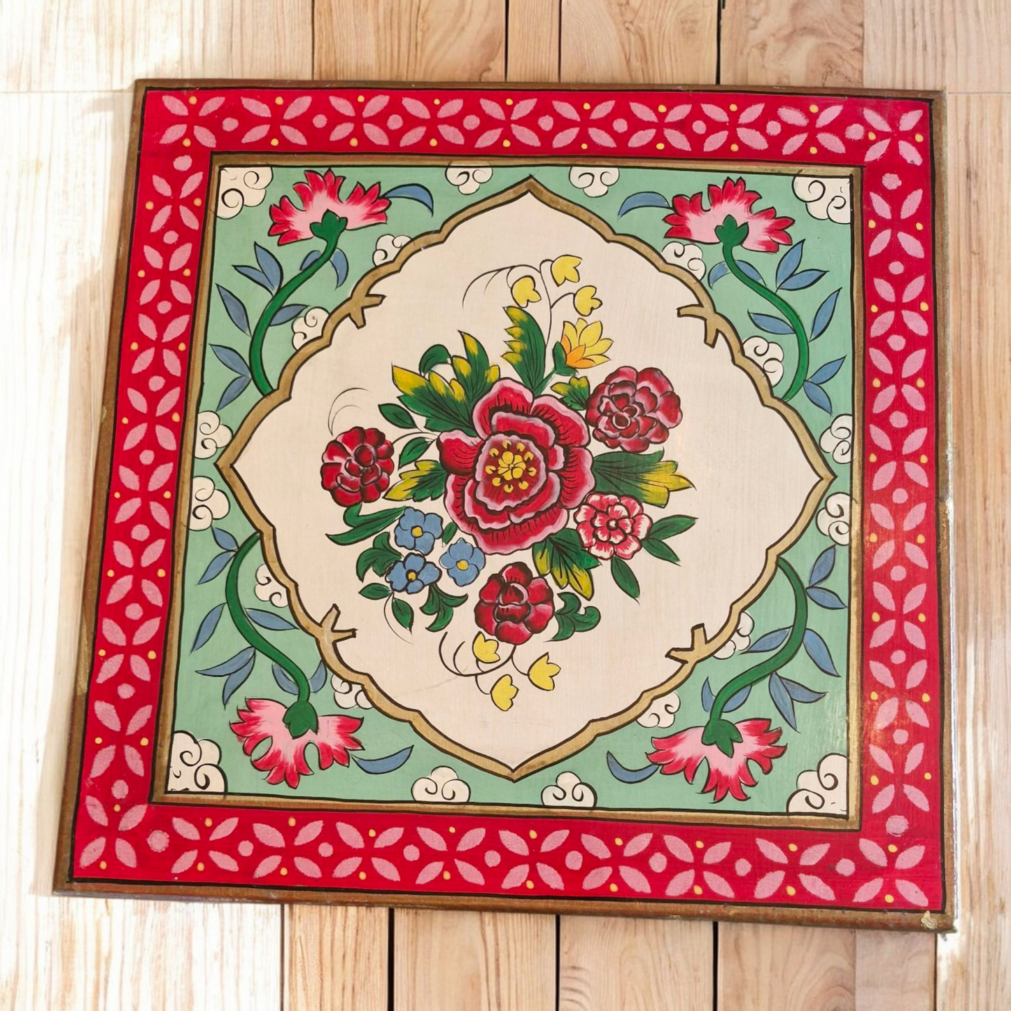 Rikisha Hand Painted Indian Bajot Table - 41cm x 41cm x 16.5cm
