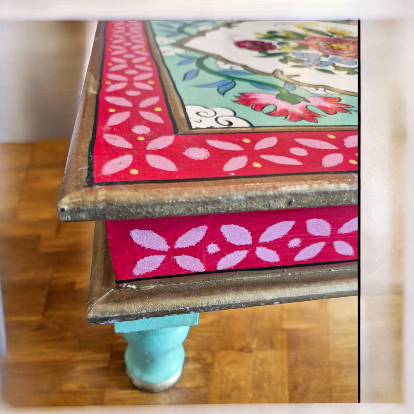 Rikisha Hand Painted Indian Bajot Table - 41cm x 41cm x 16.5cm