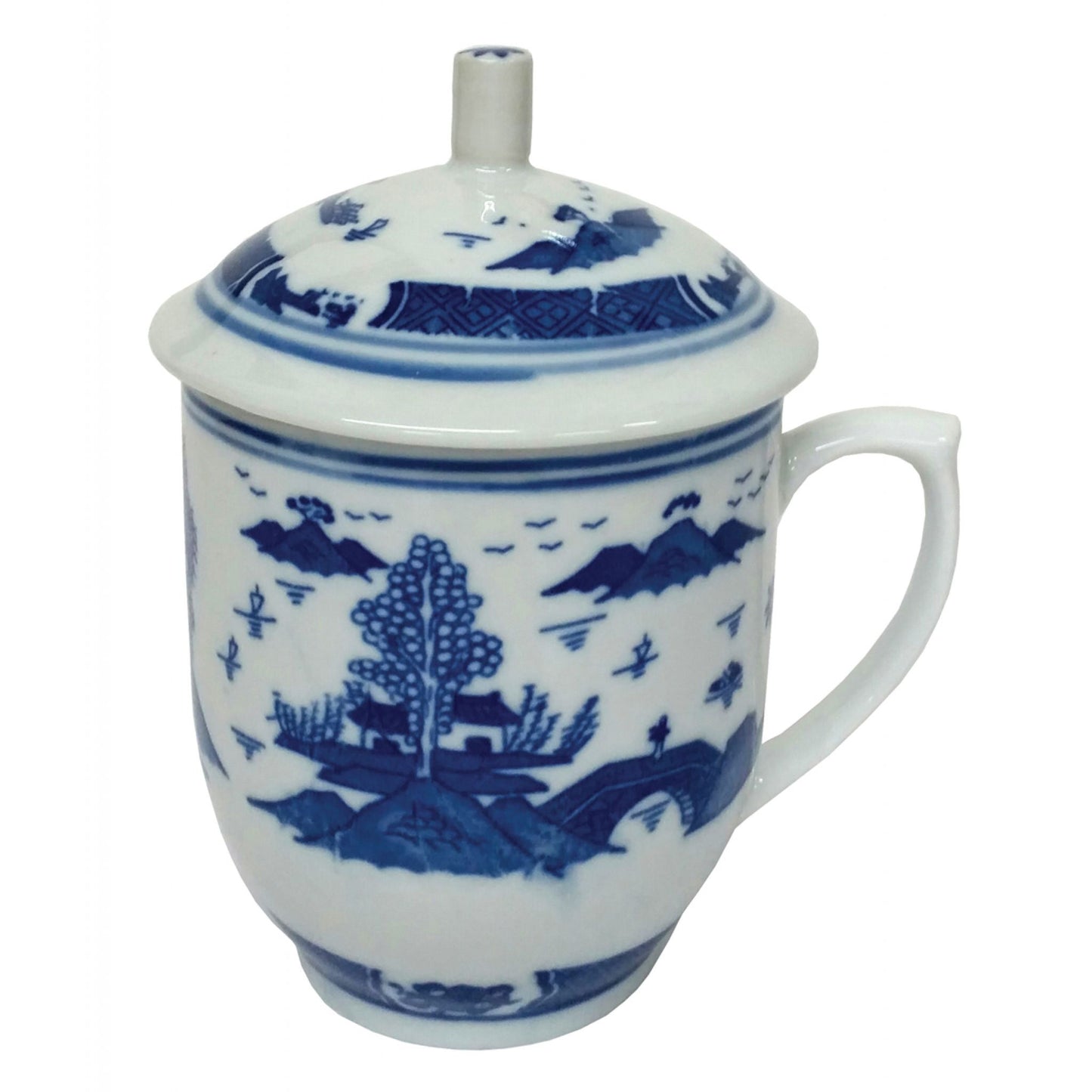 Chinese Porcelain Mug with Lid - Blue and White - Pagoda Garden Pattern