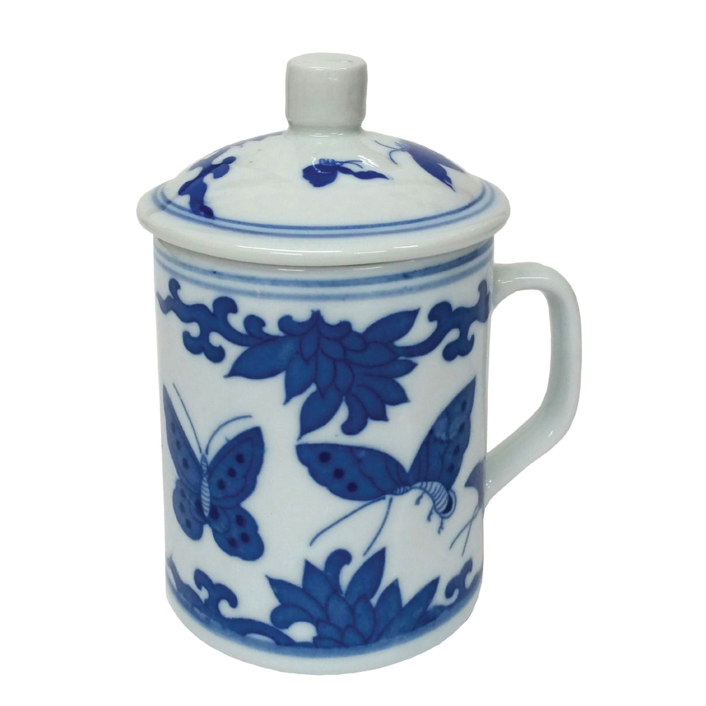 Chinese Porcelain Mug with Lid - Blue and White - Butterfly Pattern