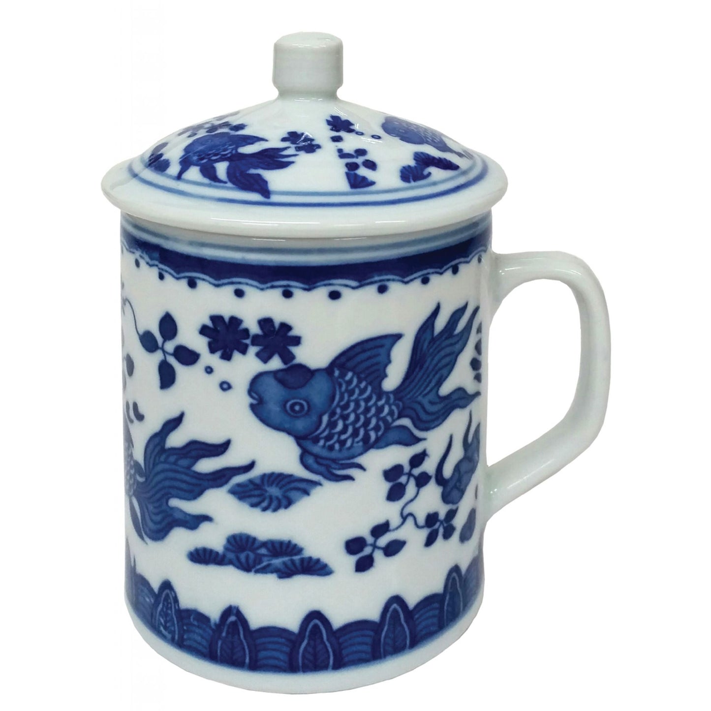 Chinese Porcelain Mug with Lid - Blue and White - Goldfish Pattern