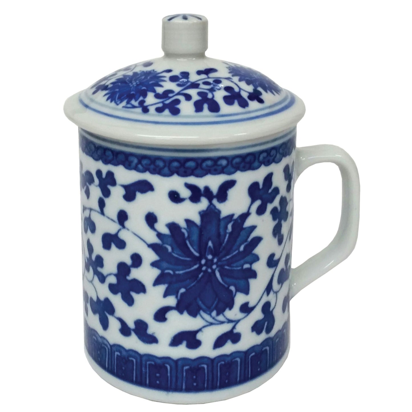Chinese Porcelain Mug with Lid - Blue and White - Floral Pattern