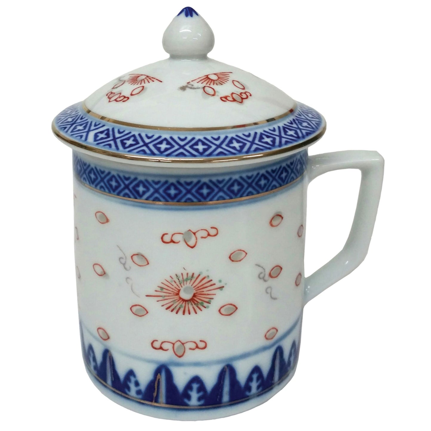 Chinese Porcelain Mug with Lid - Blue and White Rice Pattern - Doodle Design