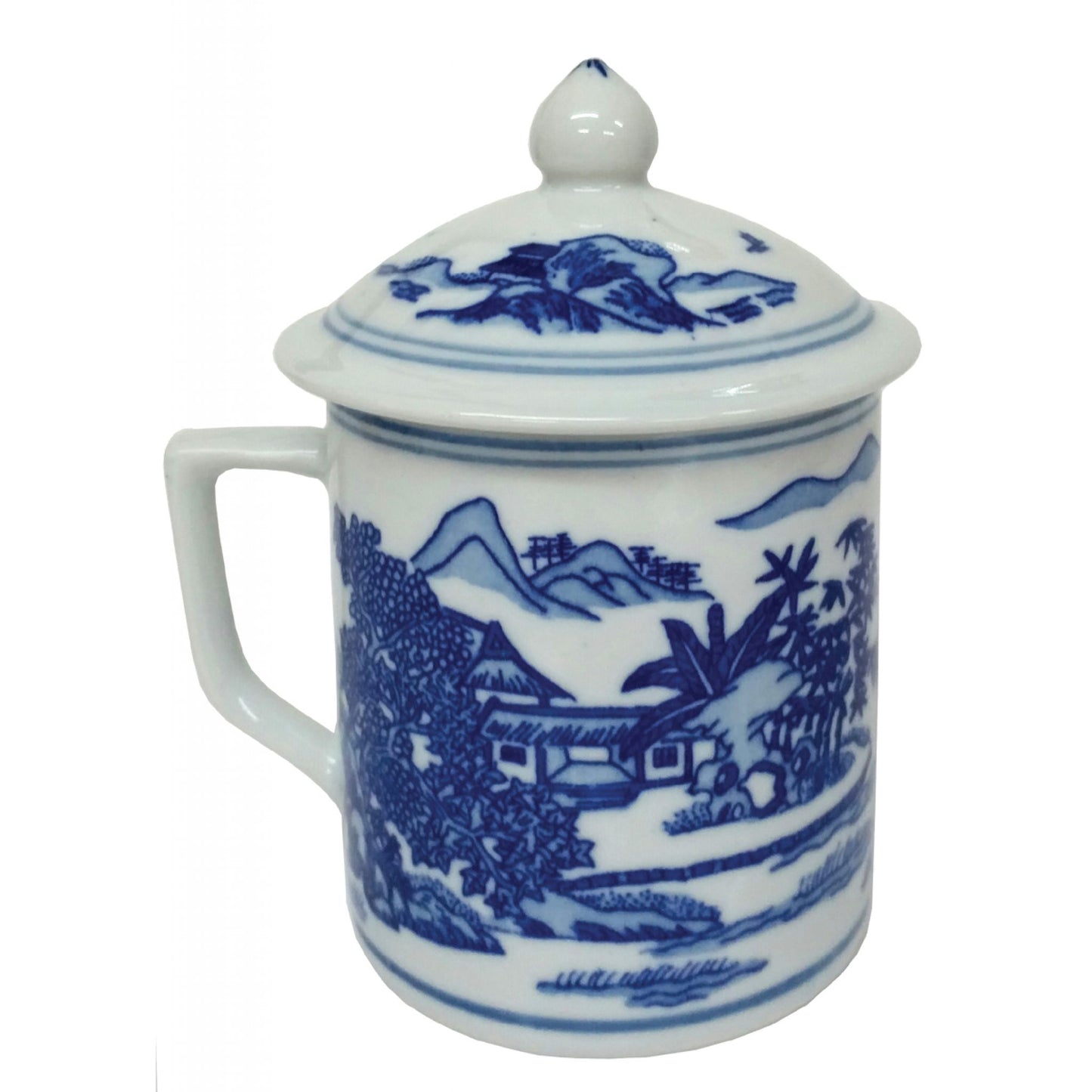 Chinese Porcelain Mug with Lid - Blue and White - Landscape Pattern