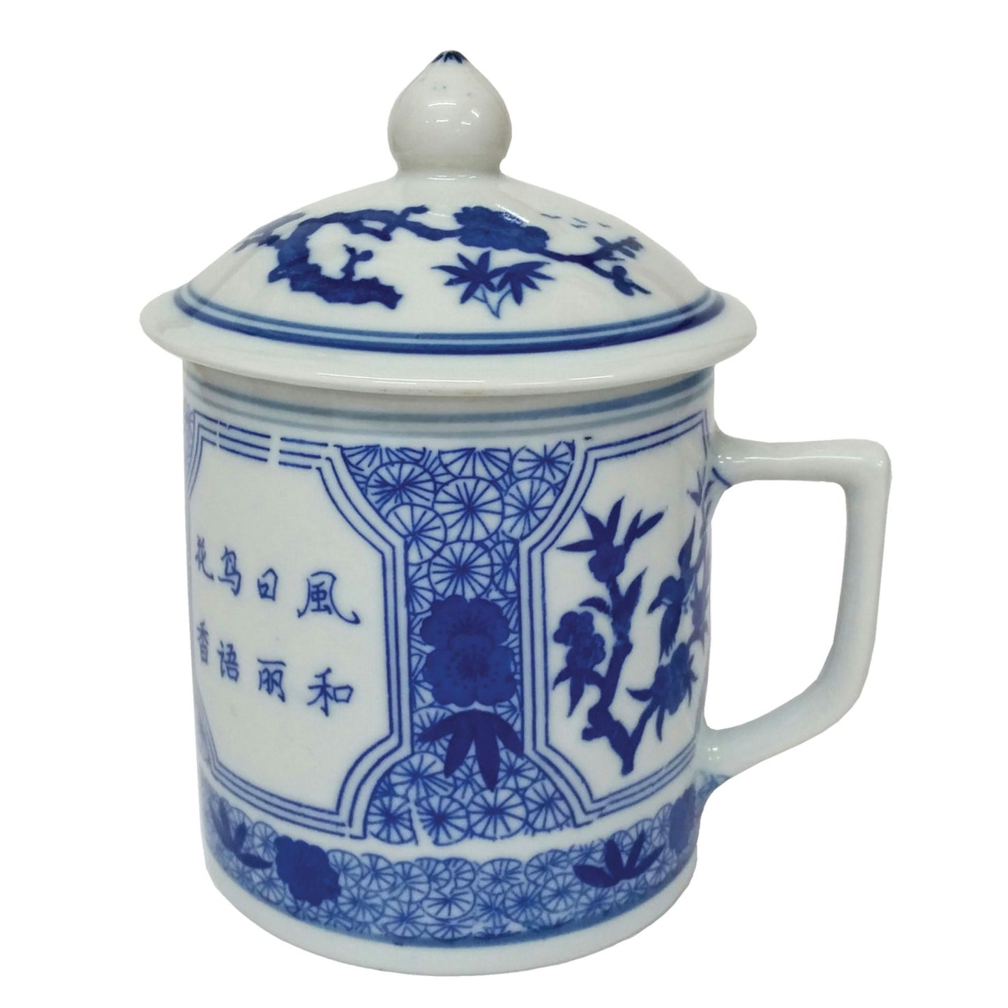 Chinese Porcelain Mug with Lid - Blue and White - Fragrant Flowers Pattern