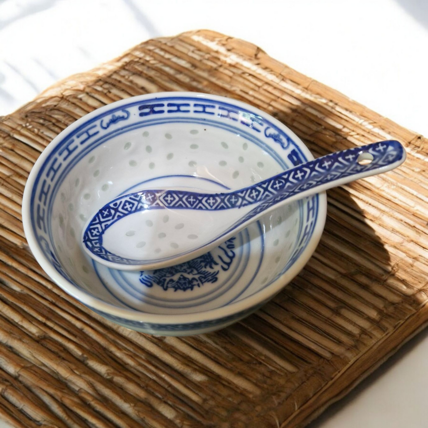 Chinese Blue and White Bowls - Rice Pattern - Blue Dragon - Set of 6 - 11.5cm