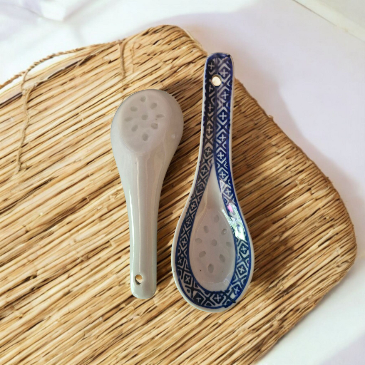 Chinese Blue and White - Rice Pattern Ceramic Spoons - Set of 6