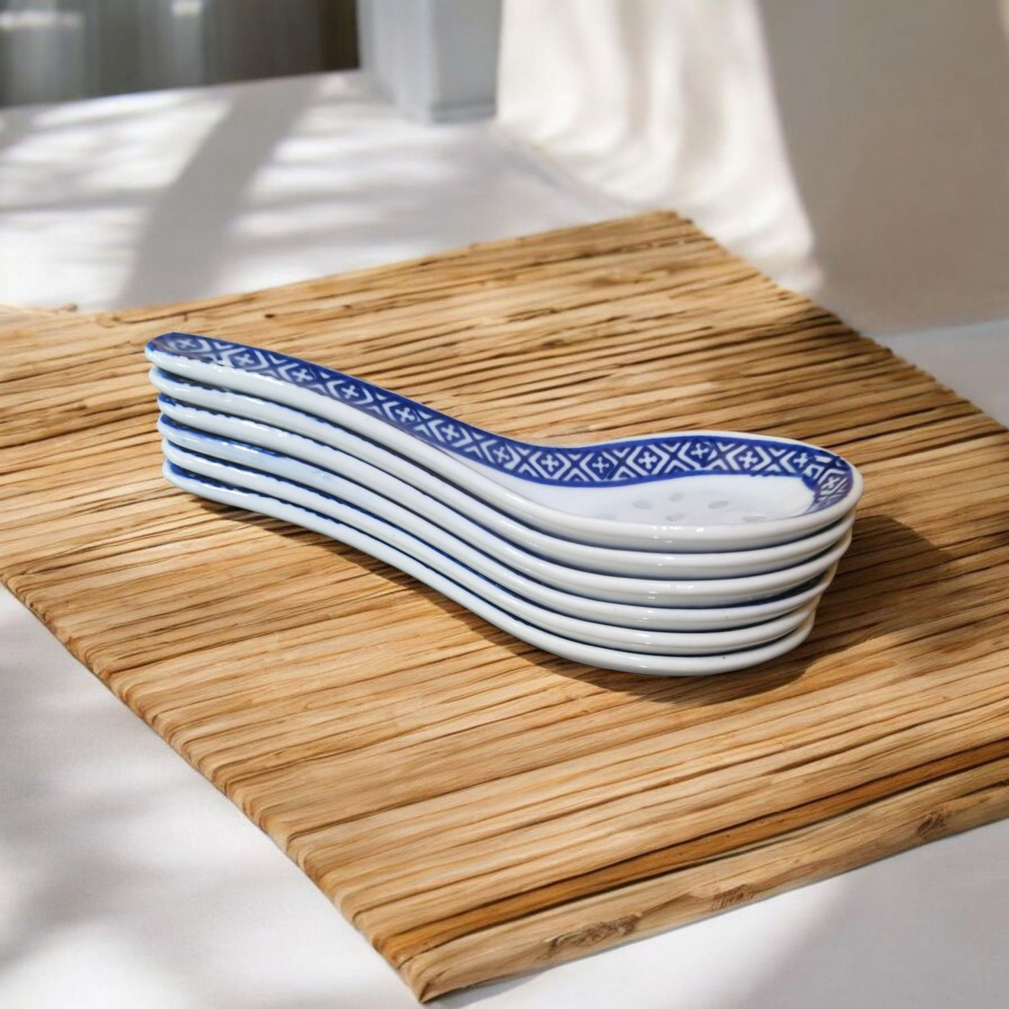 Chinese Blue and White - Rice Pattern Ceramic Spoons - Set of 6
