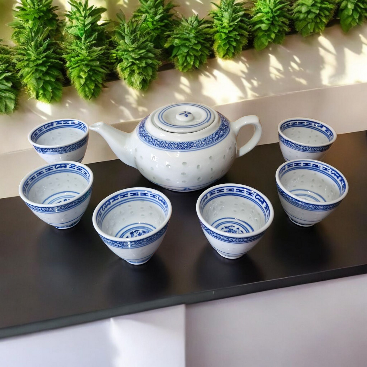 Chinese Tea Set - Blue and White Rice Pattern - 6 Cups - 650ml.