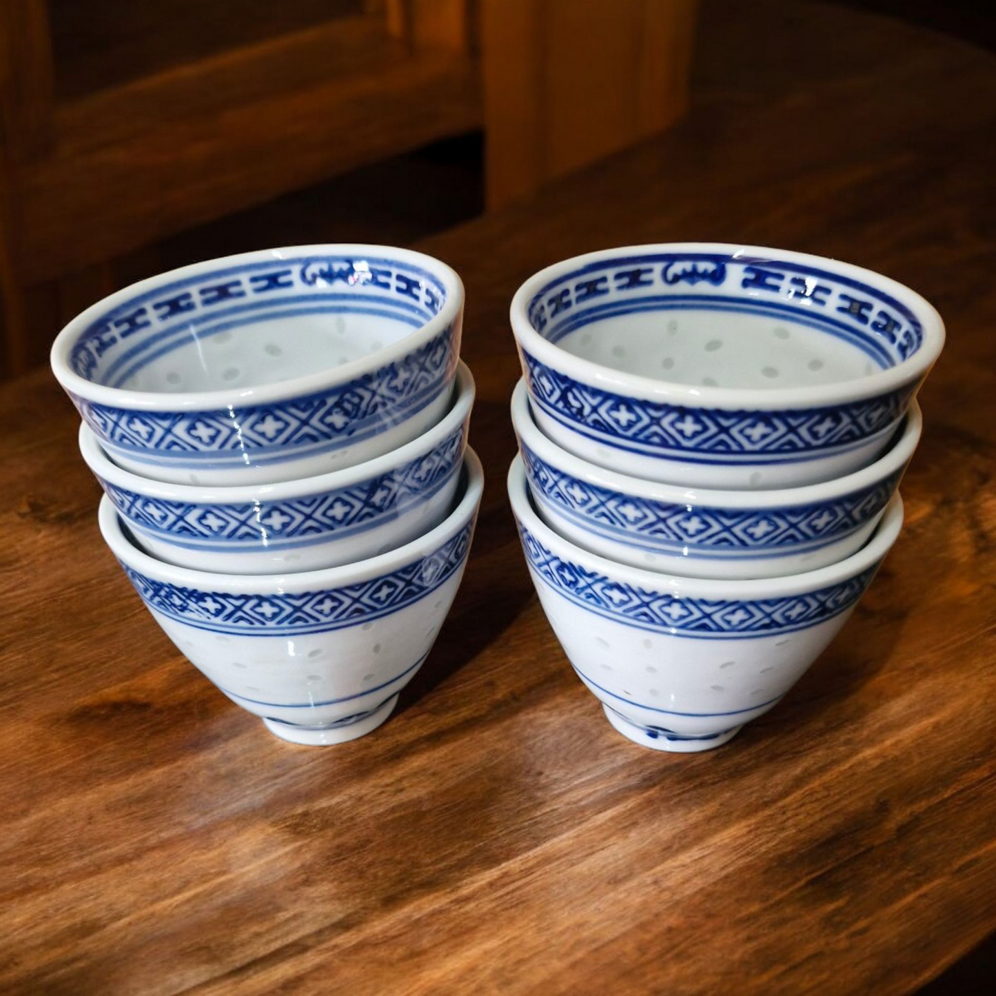 Chinese Tea Set - Blue and White Rice Pattern - 6 Cups - 650ml.