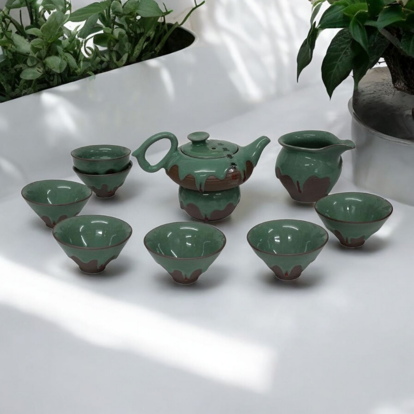 Chinese Green Iced Luxury Tea Set with Jug and Strainer - Gift Boxed