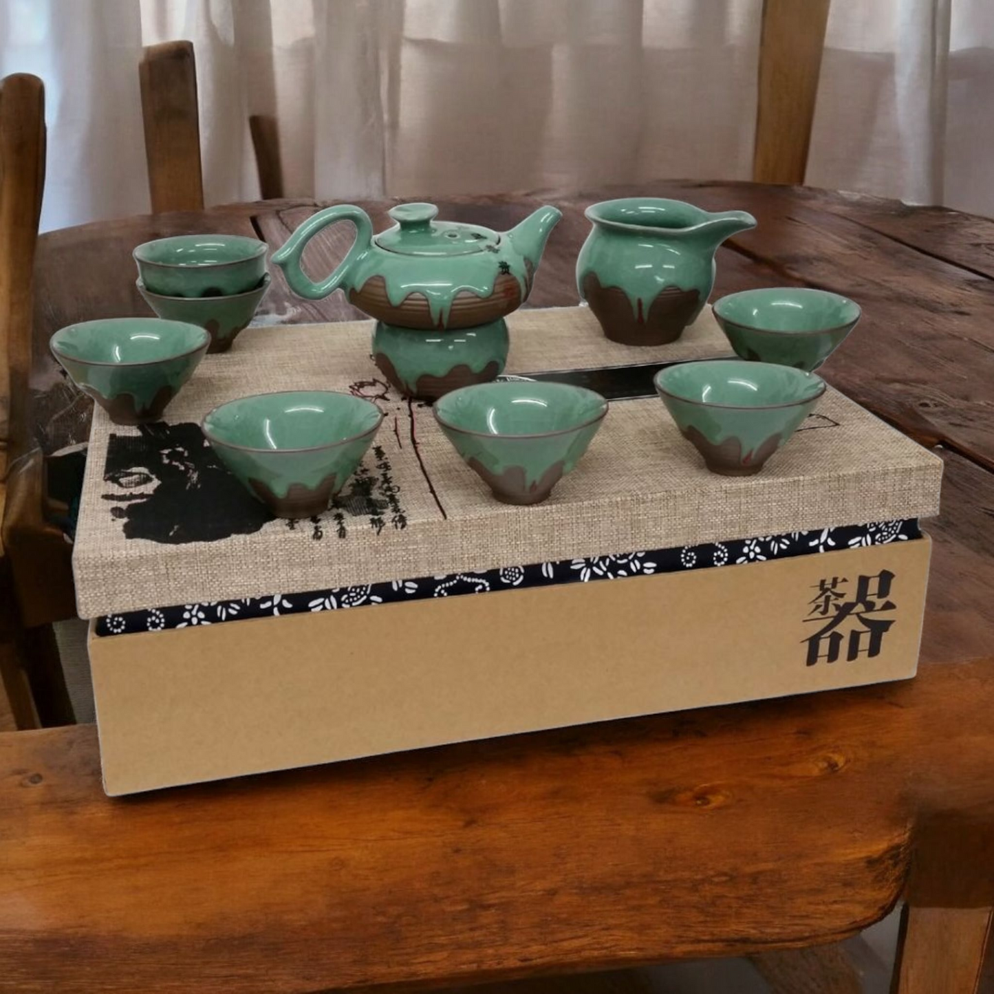 Chinese Green Iced Luxury Tea Set with Jug and Strainer - Gift Boxed