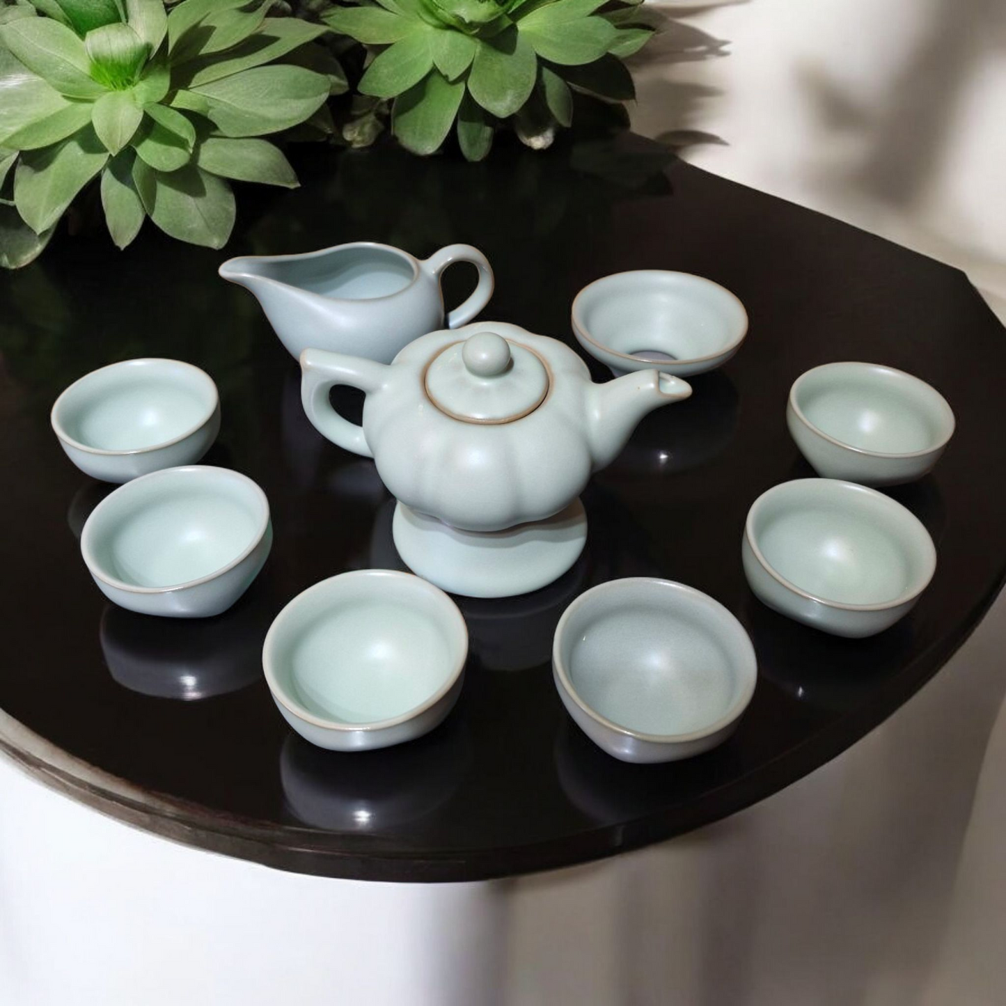 Chinese Green Pumpkin Tea Set with Jug and Strainer - Lined Gift Box