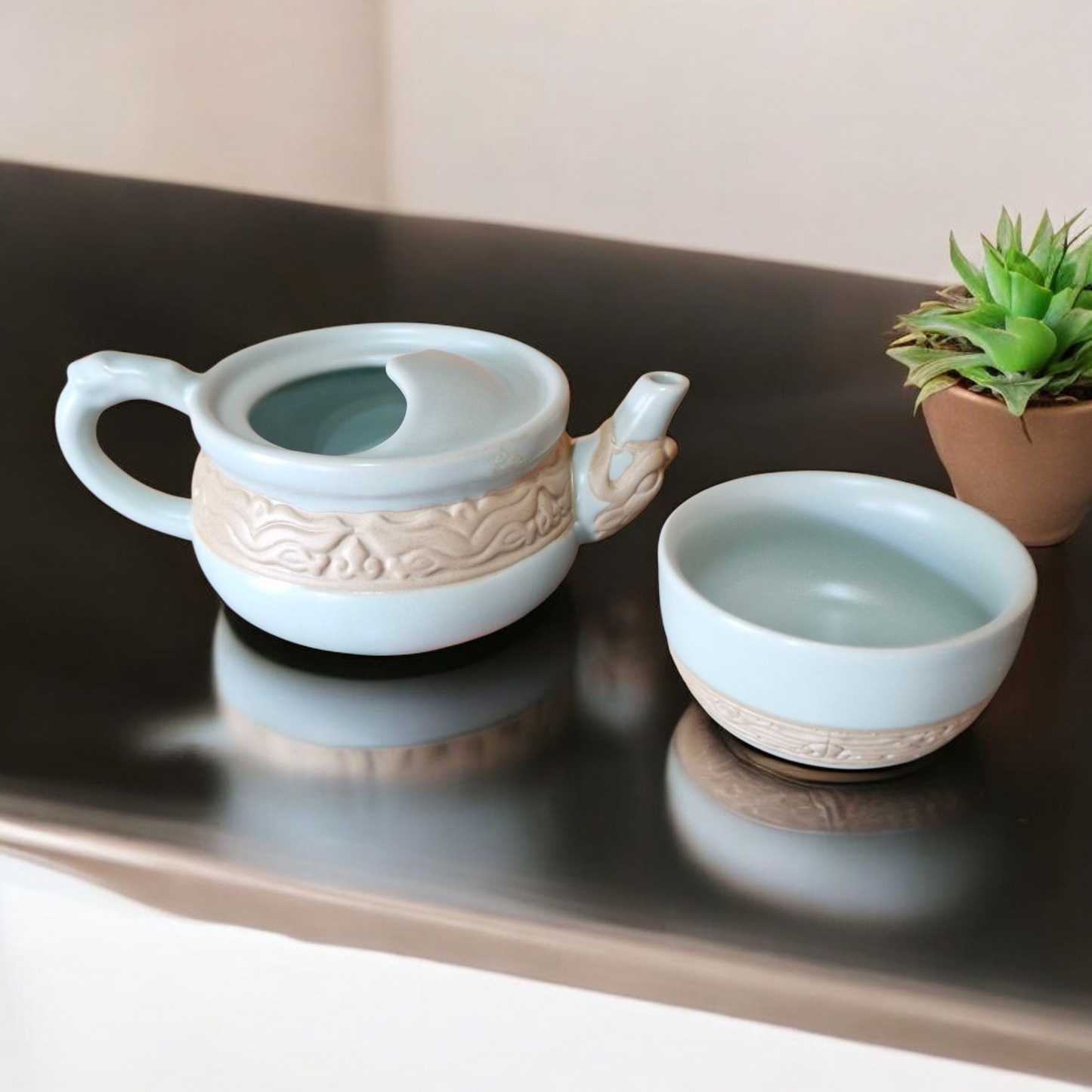 Chinese Dragon Mouth Tea Set for One - Teapot and Cup - Gift Box