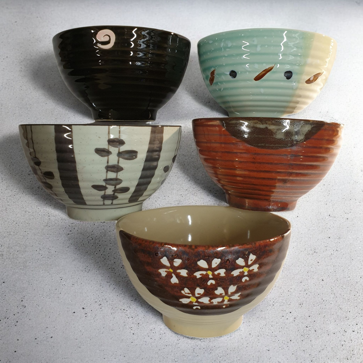 Chinese Rice Bowls - Mixed Eclectic Designs and Patterns - Set of 5 - Boxed