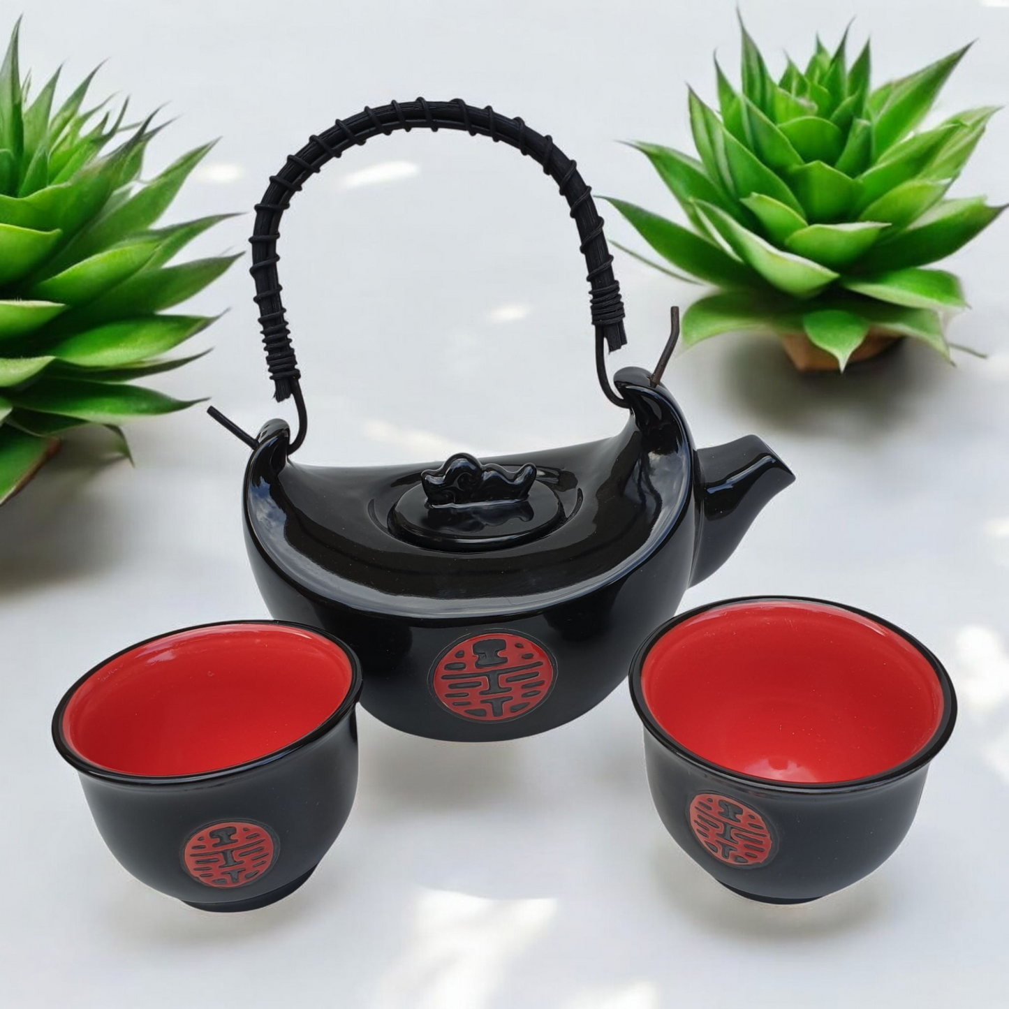 Chinese Tea Set - Black Shou - Double Happiness Motif - Black Rattan Handle