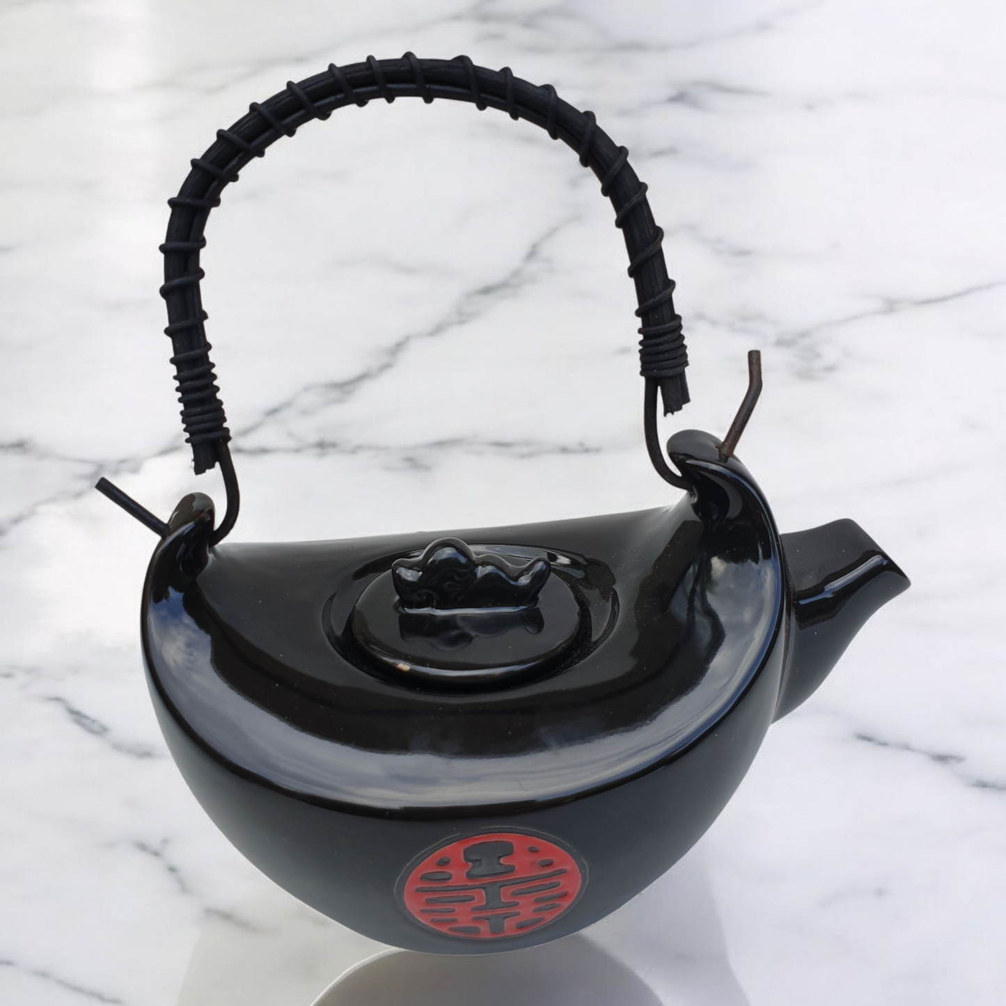 Chinese Tea Set - Black Shou - Double Happiness Motif - Black Rattan Handle