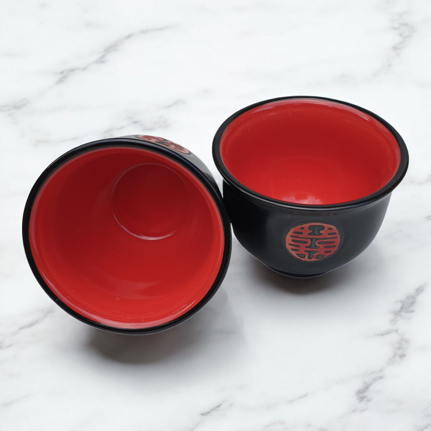 Chinese Tea Set - Black Shou - Double Happiness Motif - Black Rattan Handle