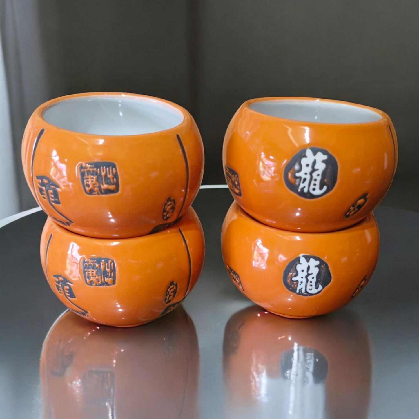 Chinese Tea Set - Gloss Orange Ceramic - Round - Characters Pattern