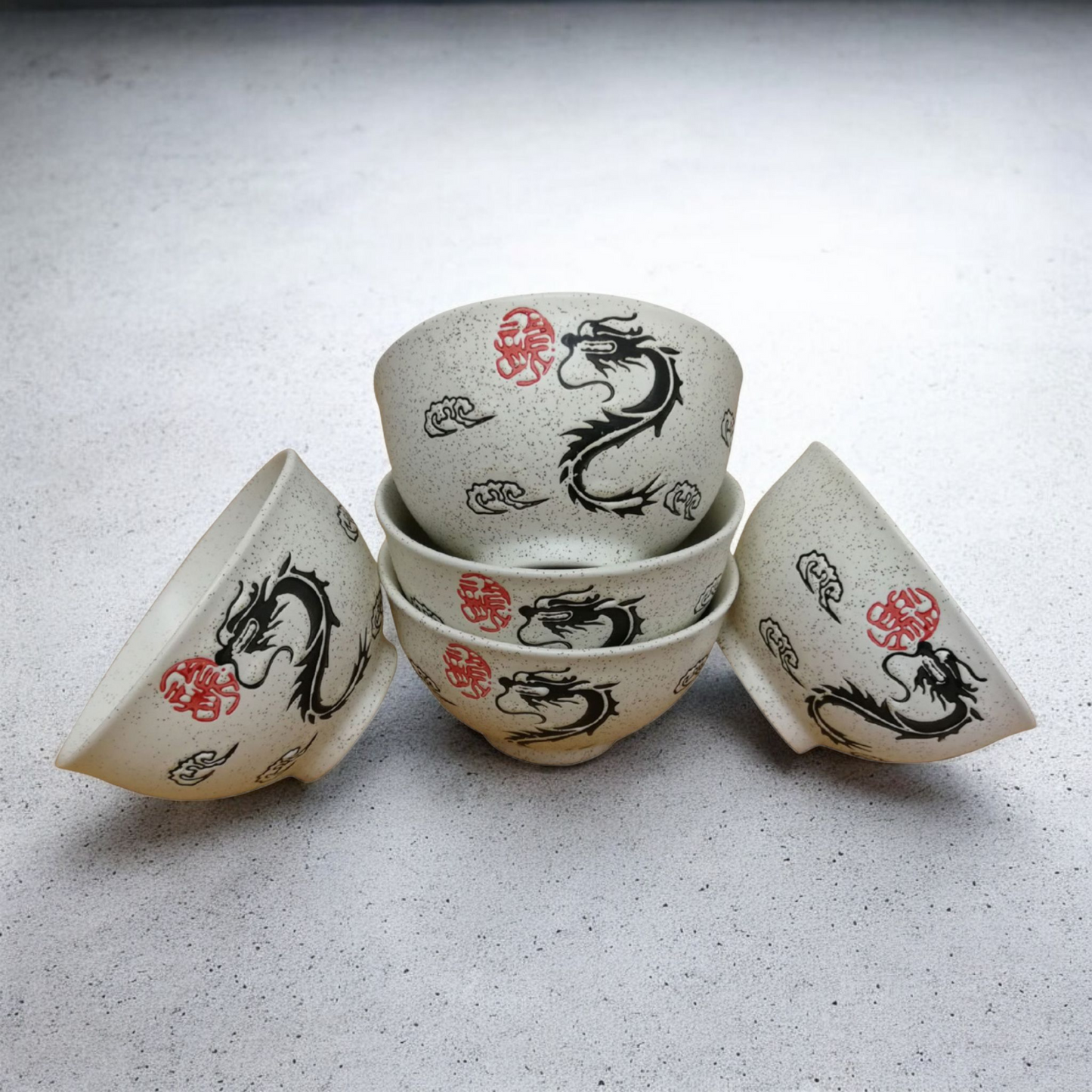 Chinese Rice Bowls - Dragon Pattern - Matt Cream - Set of 5 - Boxed