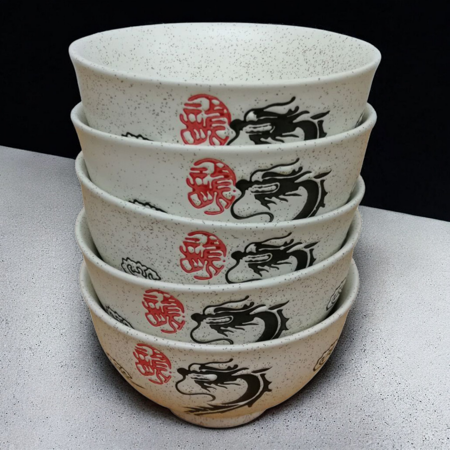 Chinese Rice Bowls - Dragon Pattern - Matt Cream - Set of 5 - Boxed