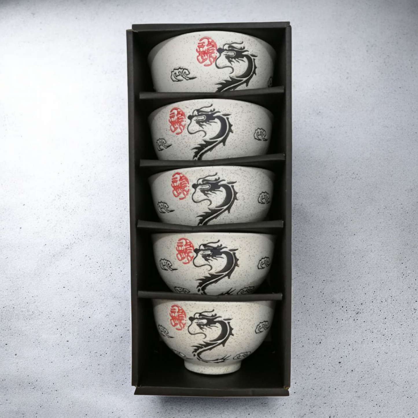 Chinese Rice Bowls - Dragon Pattern - Matt Cream - Set of 5 - Boxed