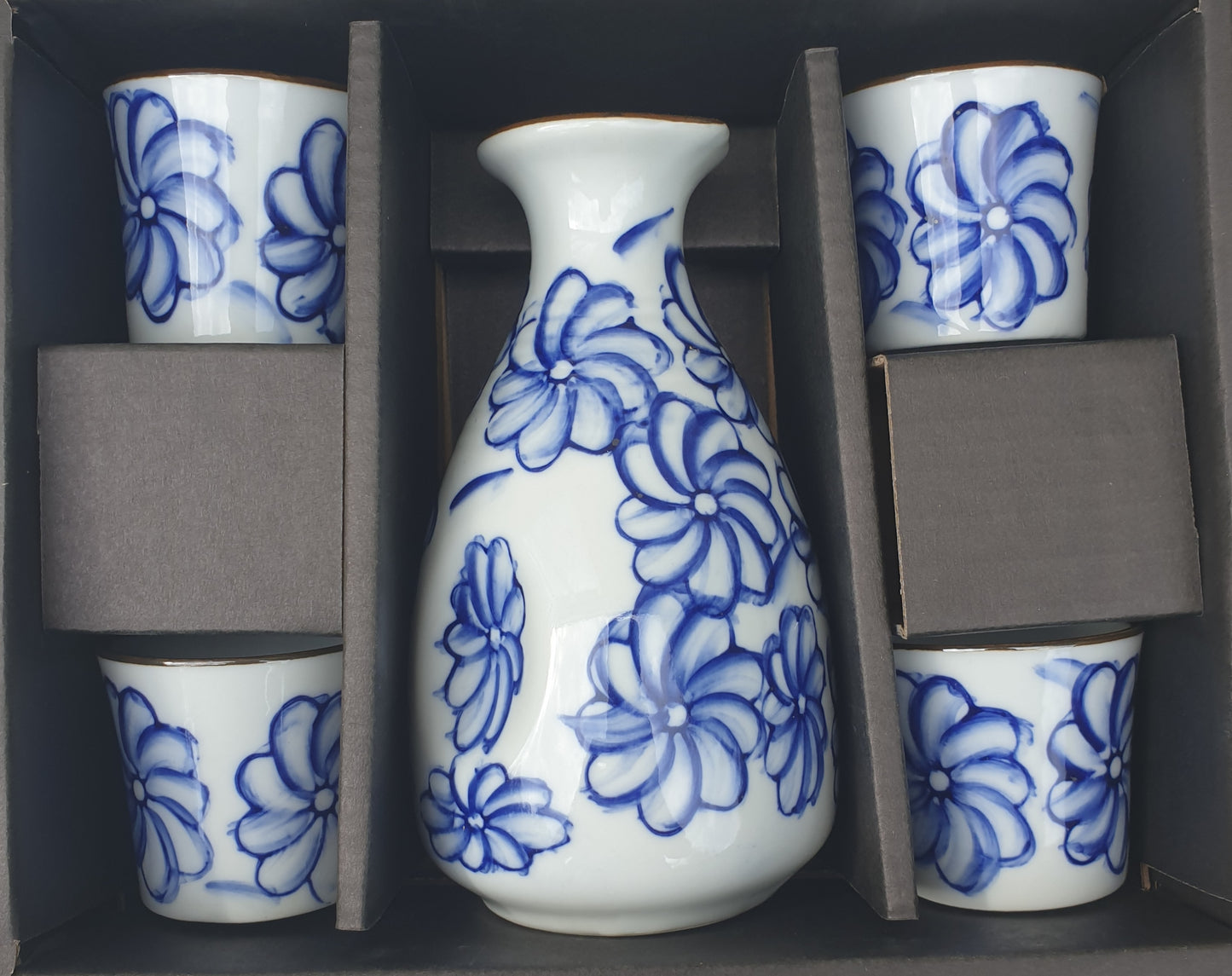 Sake Set with Blue Floral Pattern - Ceramic Flask and Cups - Boxed