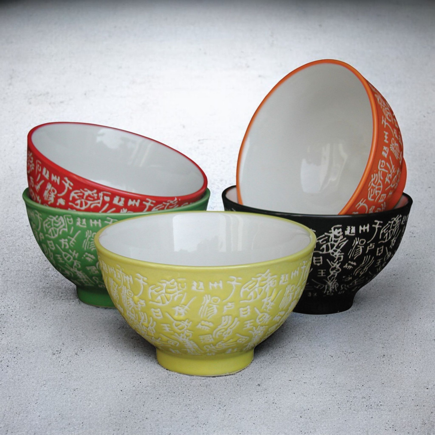 Chinese Rice Bowls - Multicolour - White Chinese Characters Pattern - Set of 5