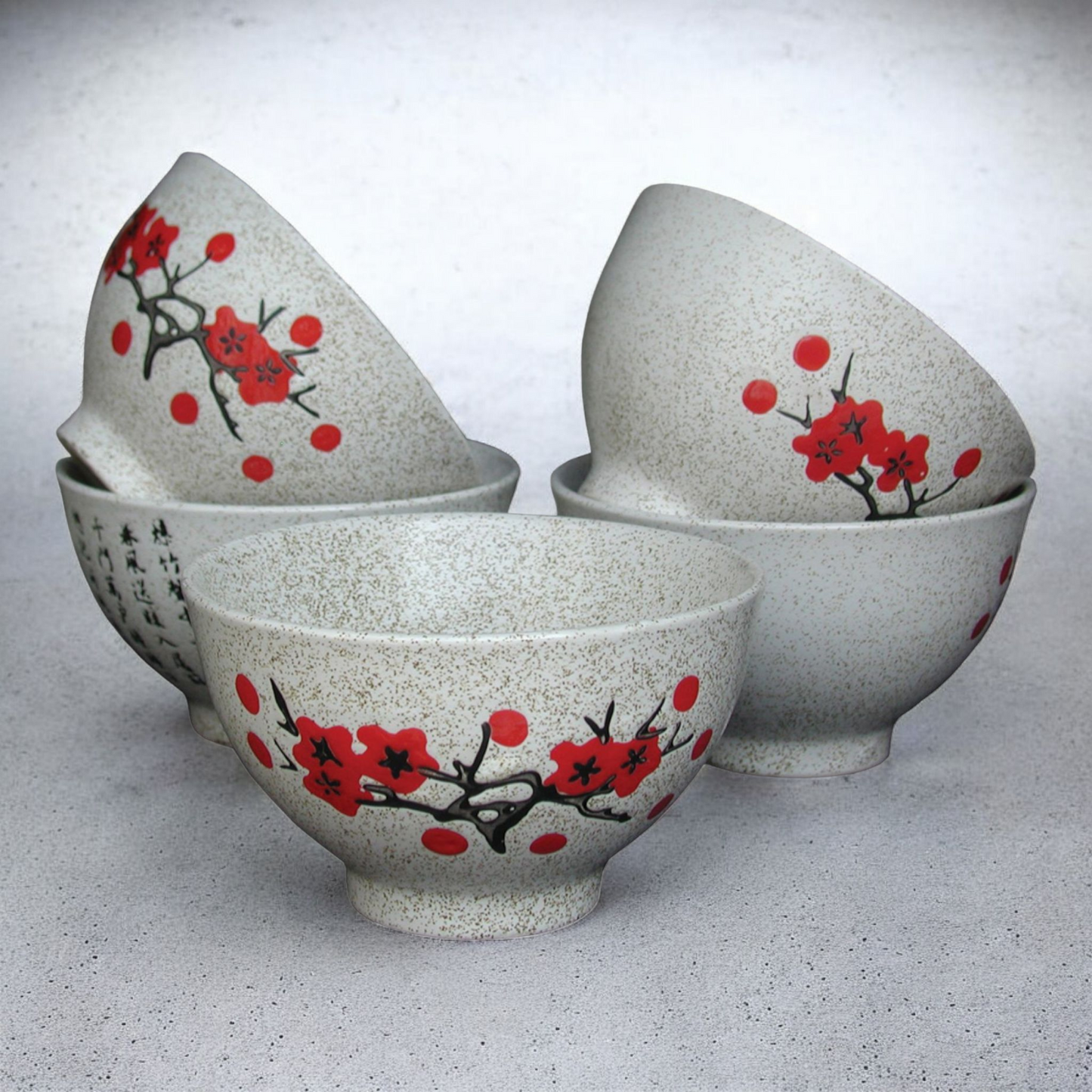 Chinese Rice Bowls - Cherry Blossom Speckled Pattern - Set of 5 - Boxed
