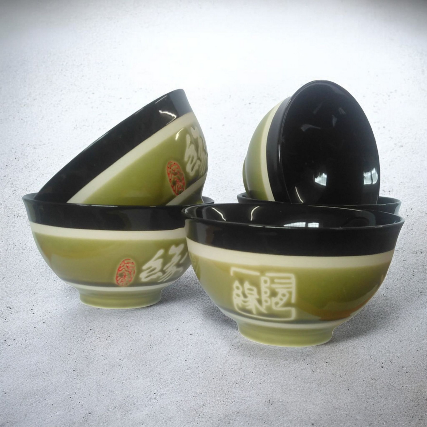 Chinese Rice Bowls - Glossy Green - Destiny Pattern - Set of 5 - Boxed