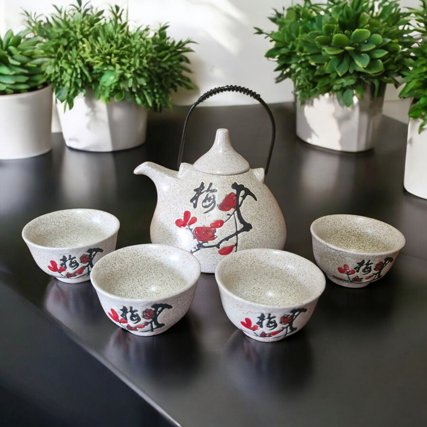 Chinese Tea Set - Speckled Plum Blossom Pattern - Four Cups