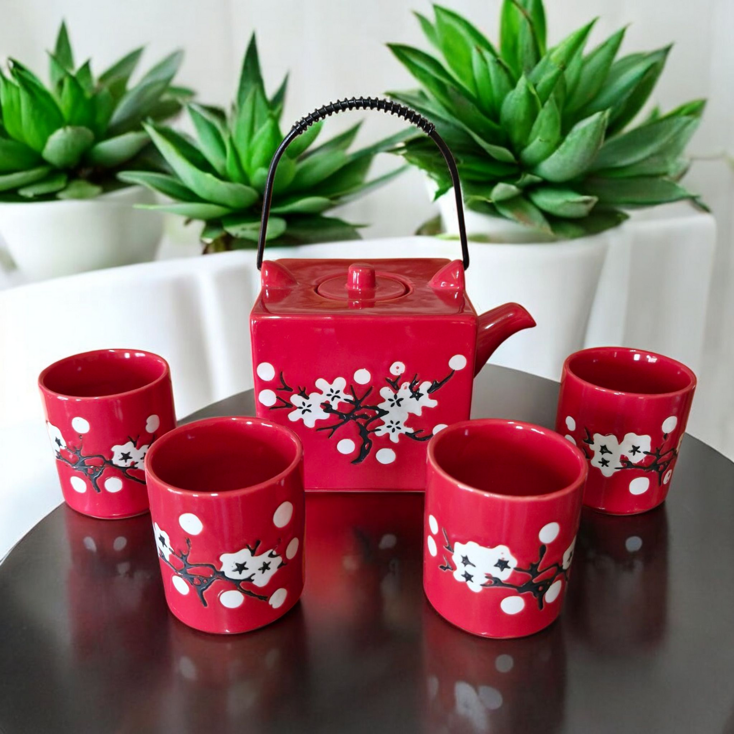 Chinese Square Tea Set - Vibrant Red Blossom Pattern - Four Cups