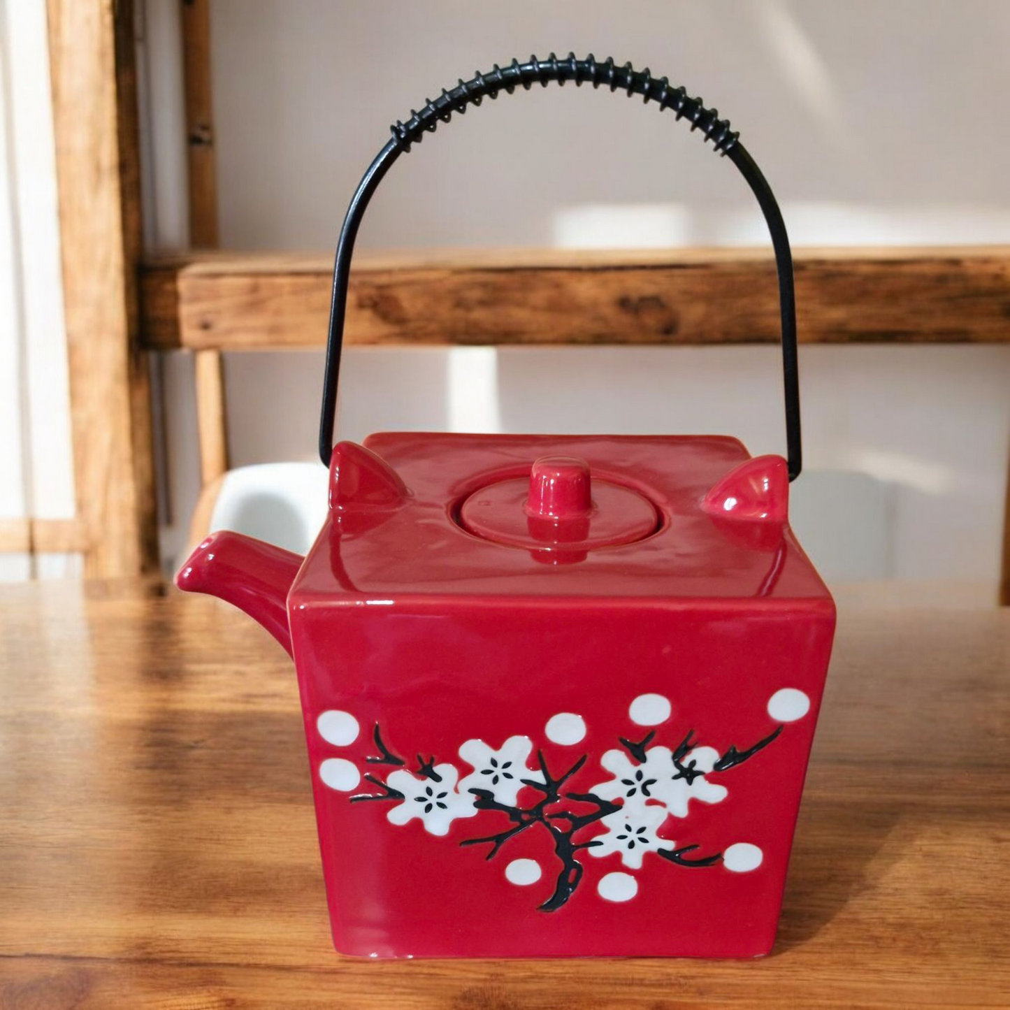 Chinese Square Tea Set - Vibrant Red Blossom Pattern - Four Cups