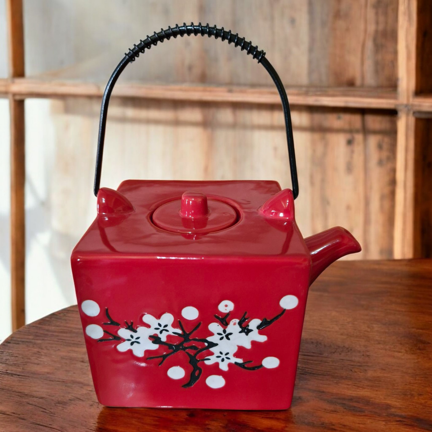 Chinese Square Tea Set - Vibrant Red Blossom Pattern - Four Cups